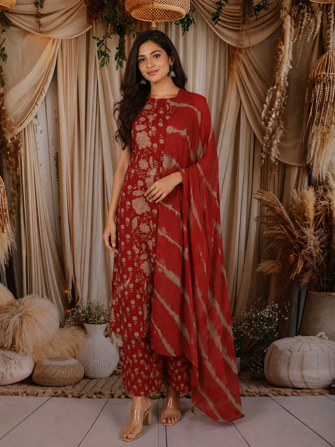 Rust Red Floral Printed Design Cotton Salwar Suit with Dupatta